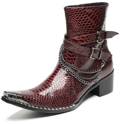 Yhsdfcn Botas de Media Caña para Hombre en Charol Burdeos Grabado Cocodrilo, Botines con Cadena y Hebilla, Punta Metálica Dorada, Zapatos de Vestir Elegantes para Boda y Fiesta,Rojo,45 EU