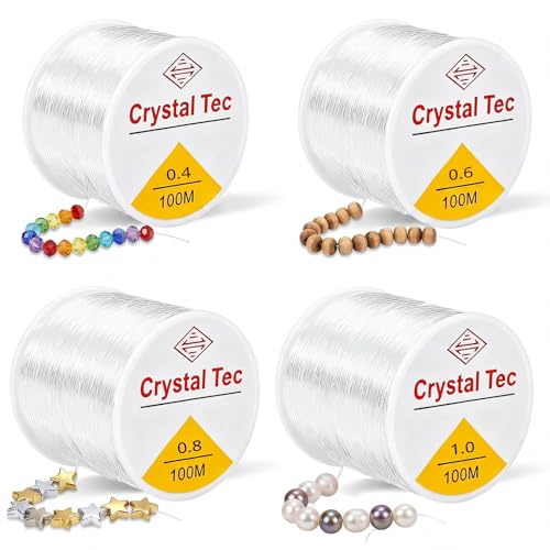 Set 400m Filo Elastico Trasparente per Braccialetti, 4 Spessori 0.4/0.6/0.8/1mm, Cordino Resistente per Creare Braccialetti e Gioielli Fai Da Te