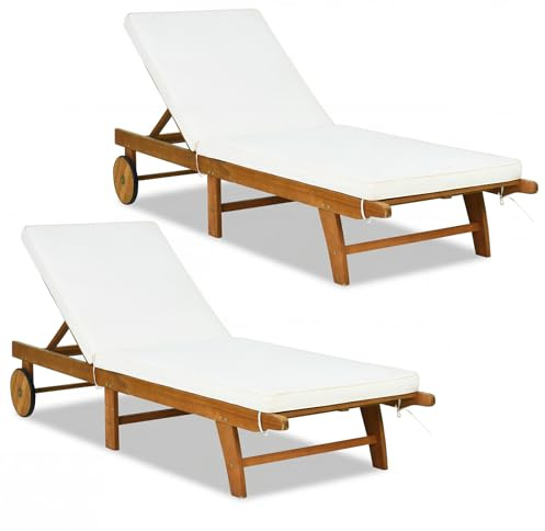COSTWAY Tumbona Hamaca de Madera de Exterior, 5 Niveles, Chaise Longue Regulable con Cojín con Cremallera, Plegable y Portátil, con Ruedas, Tumbona Reclinable Playa Piscina, Carga 160 kg (Blanco,2)