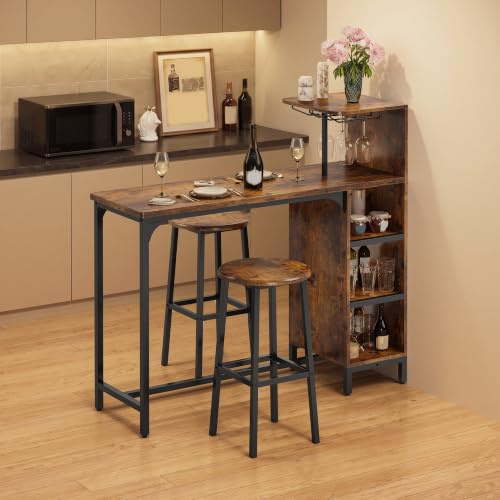 Xbro Bartisch mit Barhocker Set, Industrieller Bartisch mit Weinregal, Gläserhalter und 6 Flaschenhalter, Platzsparender Barschrank mit Seitenablagen, MDF & Metall, 120 × 40 × 120 cm, Rustikales Braun
