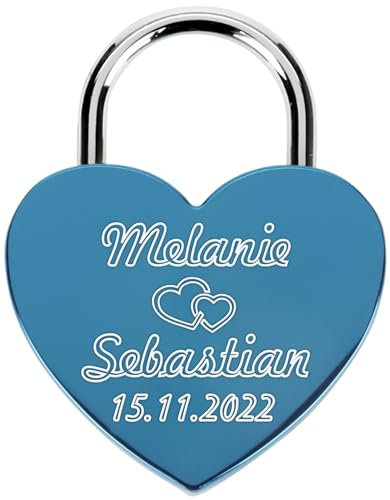 Liebesschloss mit Gravur und Schlüssel - Herzschloss Vorhängeschloss personalisiert mit Wunschtext - Pärchen Geschenke für Frauen - Jahrestag Geschenk für Sie - Partner Geschenke für Ihn (Blau)