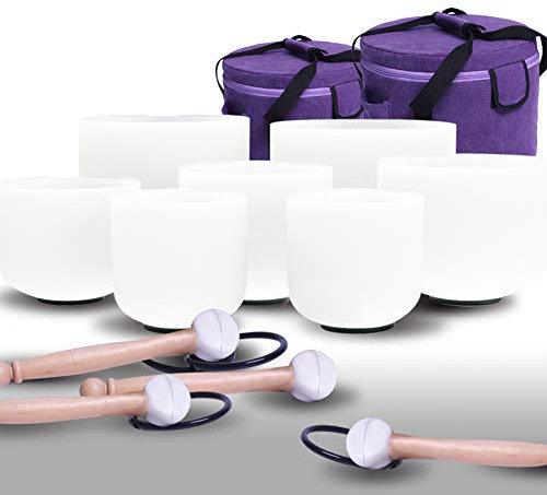 ENERGYSOUND Chakra Crystal Quartz Bowls Set 7PCS Frosted Quartz Crystal Singing Bowl 6-12 inch +Canvas Bags -Sound Healing & Yoga Meditation