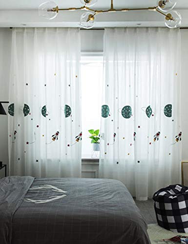 Lactraum Vorhang Kinderzimmer Junge Transparent Weiß mit Ösen Bestickt Planet Sterne Raumschiff Voile 100 x 245cm