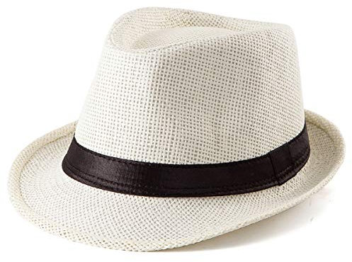 LADYBRO Sommer Stroh Trilby Hut für Herren 1920er Kurze Krempe Fedora Hut, 58cm, Milchweiß