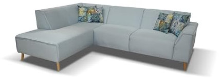 DOMO. collection Ecksofa Jules FK, skandinavisches Sofa mit Federkern, Couch Garnitur mit Holzfüßen, 263 x 191 x 81 cm (BxTxH), Ottomane links, hellblau