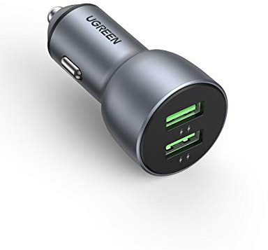 UGREEN 36W Cargador Coche Carga Rápido, Cargador Doble USB QC 3.0 Cargador de Coche, Mini Cargador Movil Coche de Aluminio Compatible con Xiaomi Redmi 10 Redmi Note 9 iPhone 13 12 XS Galaxy S21 S20