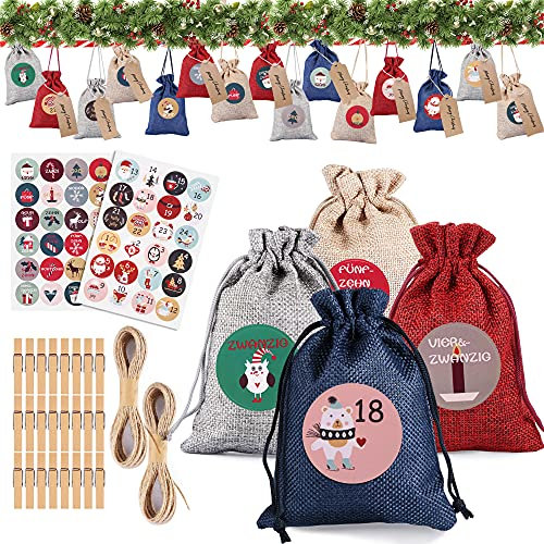 DazSpirit 24 Adventskalender Zum Befüllen Stoffbeutel,Jutesäckchen Adventskalendersäckechen,Diy Adventskalendertüten Zum Selbst Befüllen,Mit 48 Aufkleber,Adventssäckchen Für Kinder,Frauen&Männner