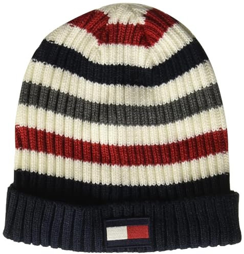 Tommy Hilfiger Herren Men's Striped Ribbed Beanie-Mtze, Weiß gestreift, Einheitsgröße
