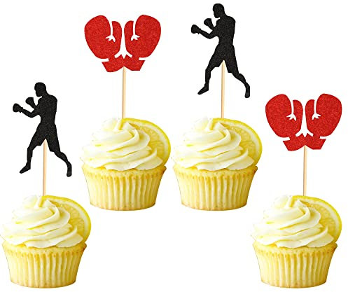 Arthsdite 48Pcs Black Red Glitter Boxing Gloves Boxer Cupcake Toppers Fitness Cupcake Picks Boxer Birthday Party Decorations