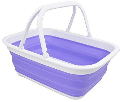 SAMMART 9.2L Collapsible Tub with Handle - Portable Outdoor Picnic Basket/Crater - Foldable Shopping Bag - Space Saving Storage Container (White/Very Peri, 1)