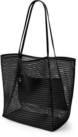KALIDI Mesh Strandtasche Groß mit Reißverschluss Innentasche, Umhängetasche Damen Badetasche, Faltbare Handtaschen Einkaufstasche Beach Tote Bag für Strand Familie Shopper Reise - 38x35x16cm Schwarz