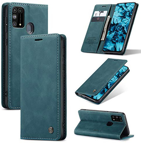 CaseMe Hülle für Samsung Galaxy M31 Vintage Dünne Handyhülle mit Kartenfach Geld Slot Ständer PU Ledertasche Flip Schutzhülle für Samsung Galaxy M31- Blaugrün
