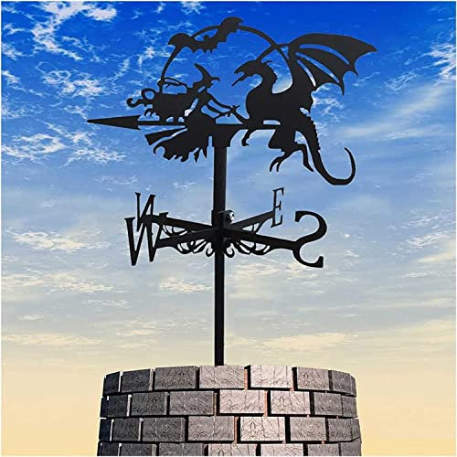 Wetterfahne Hexe Vs. Drache – Metall-Wetterfahne, Skulptur, Dekoration, Richtungsanzeiger, Gartenpflock, Kunstdekoration Für Dach, Bauernhof, Pavillon, Terrasse, Garten, Dekoration, 11,8 X 19,7 In