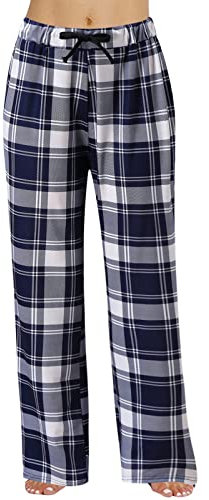 Generic Damen Pyjamahose Kariert Winter Baumwolle Polyester 65%+35%cotton Locker Knebelverschluss Hose mit Taschen und Kordelzug für Frauen