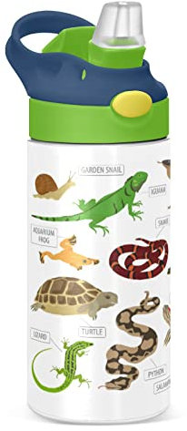 Green and Brown Pet Reptiles Frog Iguana Lizard Snake Newt Turtle Tumbler with Lid & Straw, Boys Girls Stainless Steel Double Wall Cup Water Bottle BPA-Free Vacuum Insulated Thermal Mug 11.8 Oz