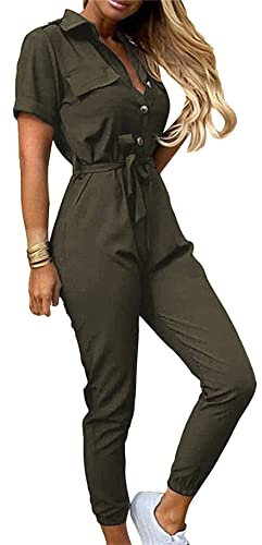 Yming Frauen Sommer Romper Cargo Overall Mit Gürtel Kurzarm Reverskragen Jumpsuit Sexy Plus Size Jumpsuit Mit Taschen Armeegrün XL