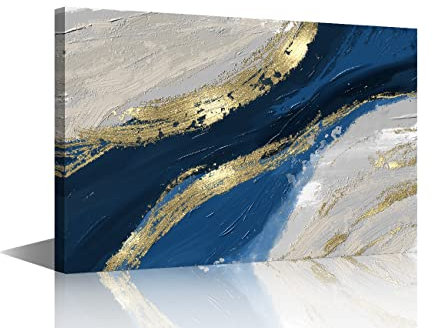 Toile murale abstraite – Impressions sur toile de peintures à motif marbré bleu et doré – Œuvre d'art contemporaine bleu sarcelle gris – Œuvre d'art encadrée pour la décoration d'intérieur : salon,