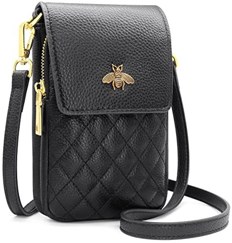 HNOOM Women's Soft Genuine Leather Crossbody Phone Shoulder Bag with Multi Compartment and Shoulder Strap (A-Black)