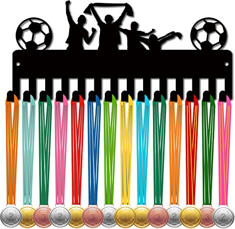 CREATCABIN Fußball-Medaillenaufhänger Medaillenhalter Rack Sport Metall Aufhängen Auszeichnungen Eisen Kleine Halterung Dekor Mit 14 Haken Für Wand Zuhause Abzeichen Rennen Fußball Schwarz 29x13cm