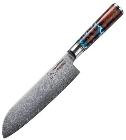 Tsume Santoku Messer Sturm, Klingenlänge 19cm, Echtes Damast Küchenmesser, 67 Schichten VG10 Edelstahlkern mit Sturmigem Kunstharz Handgriff, Rasiermesserscharf