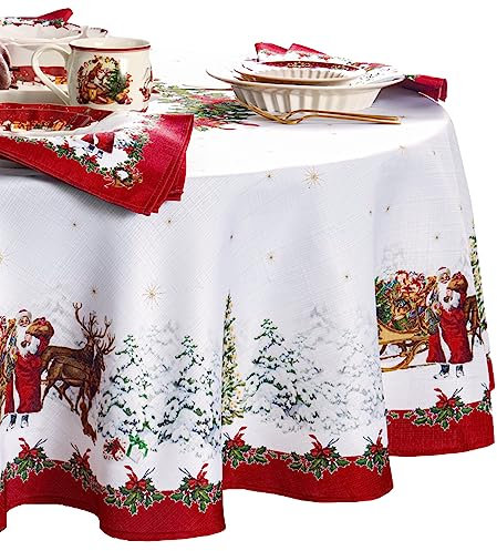 Elrene Home Fashions Villeroy & Boch Toy's Fantasy Holiday/Christmas Santa Winter Woodland Engineered Fabric Tablecloth, 152,4 x 213,4 cm, oval, Mehrfarbig