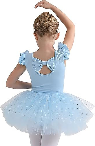 Girls Ballet Dress Ballet Leotard for Girls Gymnastics Dance Leotard with Chiffon Skirt Ballet Leotard Ruffle Cuffs Cotton Ballet Outfit Gymnastics Leotard Costume,120, Blue
