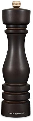 Cole & Mason London Chocolate Wood Pepper Mill, Precision+ Carbon Mechanism, Pepper Grinder with Adjustable Grind, Beech Wood, 220mm, Seasoning Mill, Lifetime Mechanism Guarantee