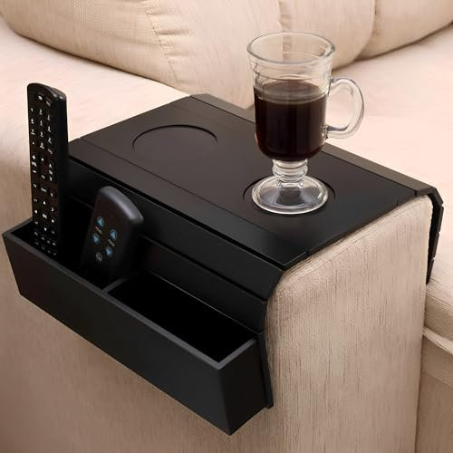 JIAJMIAN Sofa Arm Tray Table, Wooden Sofa Arm Tray, Folding Sofa Armrest Tray, Armrest Table Organiser with 2 Pockets and Cup Holder for Drinks, Snacks and Remote