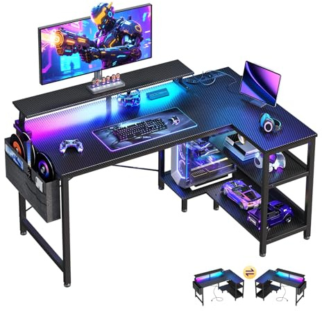 ODK Scrivania da gioco da 101 cm con prese di alimentazione USB e luci LED, scrivania reversibile a forma di L con ripiani portaoggetti e supporto per monitor, tavolo angolare per casa e ufficio