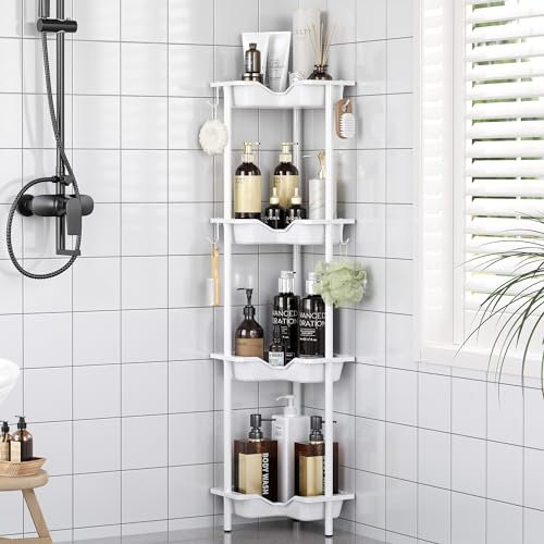 OriwarE Etagere Douche, 4 Étages Etagere Salle de Bain, Porte Savon Douche sans Percage, Blanc