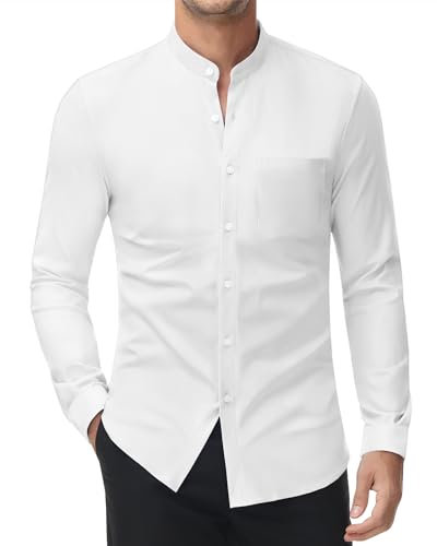 DEMEANOR Stretch Mens Shirts Long Sleeve Grandad Collar Shirts Muscle fit Mens Casual Shirts Band Collar Shirts