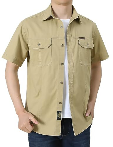 Made with 100% Cotton Short Sleeve Shirts Men Army Military Style Solid Shirt Formal Or Casual Shirt Simple Work Shirts Comfortable Button Down Shirt Soft Cooling Everyday Athletic Wear Khaki