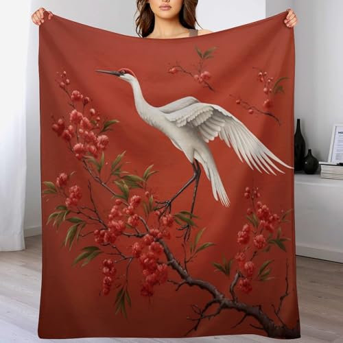 Weißer Kranich Kuscheldecke, Flauschige Wohndecke,Weich Warm Flannel Vier Jahreszeiten Fleecedecke Sofadecke Bettdecke Wohnzimmer Couch Wohndecke（100×130cm）