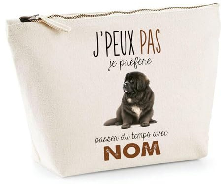 Trousse Personnalisable Chien Passer du temps avec Prénom Nom | Pochette Maquillage Toilette Make-Up - Idée Cadeau Personnalisé Original pour propriétaire de chien (Terre-Neuve)
