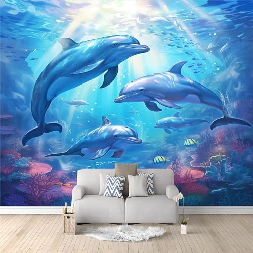Wall Mural 150 x 105 cm - Underwater Animal Dolphin Design Photo Wallpaper for Boys' Bedroom, Living Room, Playroom, Nursery, Teen Room, Kids' Photo Mural Wall Art