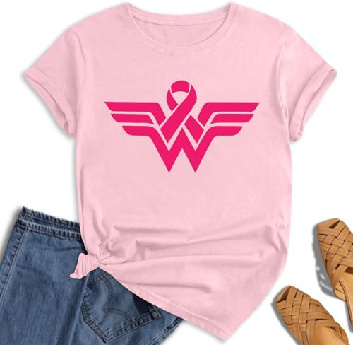 hohololo Tee-Shirt Octobre Rose pour Femme Cancer du Sein Cœur Rose Ruban Tshirt