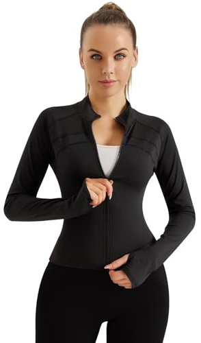 TERODACO Running Jacket Women Thumb Hole Zip Up Gym Tops Womens Long Sleeve Lightweight Sports Top Ladies Workout Cycling Athletic Shirts,Breathable Quick Dry Slim Fit MW085 Black L