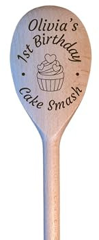 LunaTastic Gifts Personalised Name Date Cake Smash Wooden Spoon Gift - Engraved 1st Birthday Celebration Photo Prop - Keepsake Memory Present for Baby Boy Girl - 30cm Long - Cupcake