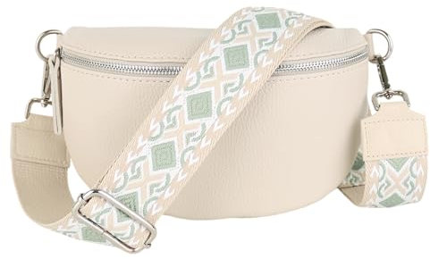 MIRROSI® Bauchtasche Damen, Echtleder, Made in Italy, Umhängetasche, Brusttasche, Crossbody Bag (1 Tasche & 2 Gurte) (Beige (Diamonds), Große Tasche (28x18x9cm))