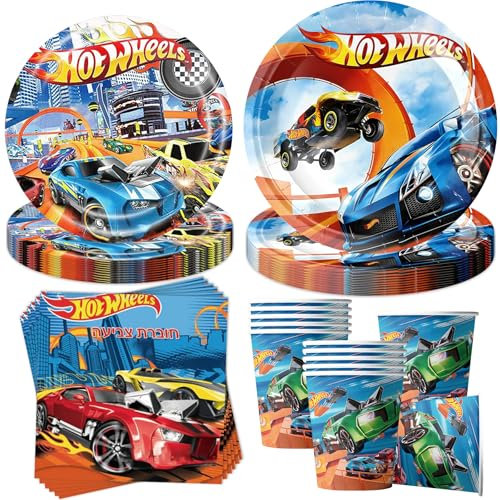 Sunshine smile Rennauto Partygeschirr Set,50 Stück Autos Pappteller Kindergeburtstag,Auto Kindergeburtstag Geschirr,Wiederverwendbare Teller Becher Servietten Geburtstag Tischdekoration für 10 Gäste