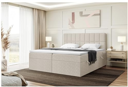 MEBLINI Boxspringbett mit Bettkasten - Gepolstert Doppelbett mit Matratze und Topper - Polsterbett mit Stauraum - Bett mit Kopfteil - Stauraumbett - Lukas - 200x200 - H3/Beige Webstoff