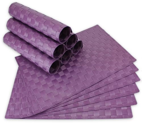 Moderne Tischsets in Violett im 12er Set - Abwaschbare Platzsets als rechteckige Tischuntersetzer - Geflochtenes Platzdeckchen als Tischunterlage für Esstisch Wohnzimmer Tisch-Deko