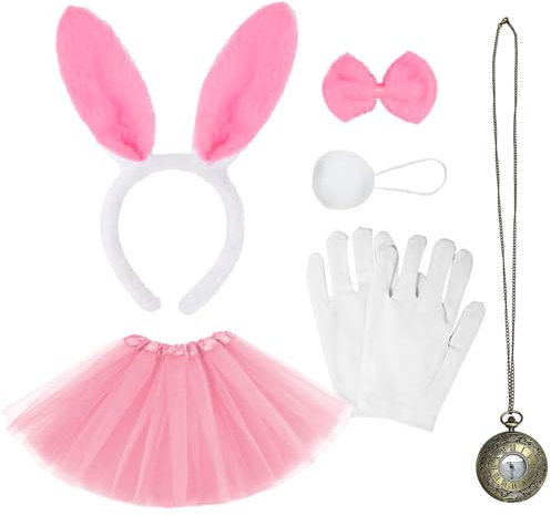 UILYNIU 6 Stücke Häschen Kostüm Zubehör Hasenohren Fliege Weiße Handschuhe Hasenschwanz Uhr Rosa Tutu Häschenkostüm Kinder Bunny Girl Cosplay für Ostern Welttag des Buches Halloween Party (Rosa)