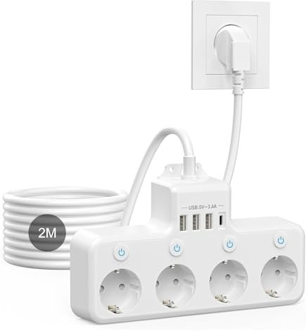 Mehrfachsteckdose mit USB-C (PD 20W), 4 unabhängige Schaltdosen, 3 USB-A-Ports, kindersichere Steckdosenleiste fürs Heim in Weiß