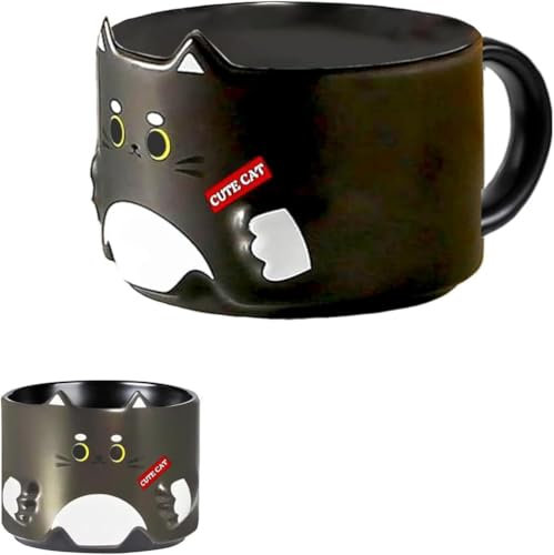 Huiyiwert Niedliche Katze Kaffeetasse 300ml Porzellanbecher Stapelbare Teetasse Süße Katzentasse Keramik Kaffeebecher Geschenk für Jubiläum Engagement Valentinstag, Geburtstag (Schwarz)