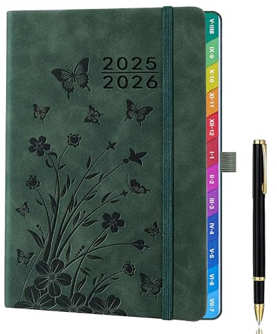 A5 Kalender 2025/2026 – Wochenkalender, 1 Woche auf 2 Seiten mit Monatsübersicht, Schülerplaner, Studienplaner, Familienplaner für Schule, Uni, Büro, Aug. 2025 – Jul. 2026, Seegrün