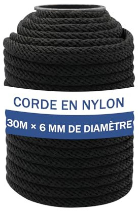 NQ Corde en Nylon 30M x 6MM de Diamètre, 100FT Cordeau en Nylon pour Extérieur, Camping et Randonnée, Corde Robuste pour DIY, Étendoir Et Suspension(Noir)