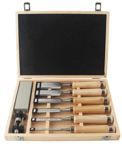 HODYANN 8 Pcs 11.4in Wood Chisel Sets with Wooden Case | Honing guide, sharpening stone included. Chrome-vanadium steel, hardened edges, ideal for woodworking and carving.