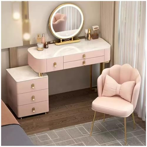 Romyqpipy Tavolo Da Toilette Moderno con Led Specchio Regolabili, Luminosità Regolabile Trucco Postazione con 6 Cassetti In Legno Massiccio, Sgabello, per Camera Da Letto, Soggiorno