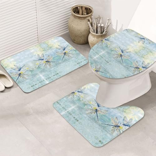 KLMELLMDE Flanell-Matte, rutschfest, Libelle, Lotus-Matte, 3 Stück, 80 x 50,8 cm, Badezimmermatten-Set, waschbar, Badezimmer-Toilettenteppich, weich, saugfähig, Duschteppiche